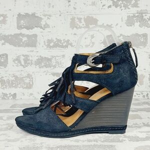 NEW Trask Felicity Fringe Black Suede Wedge Summer Sandals D939